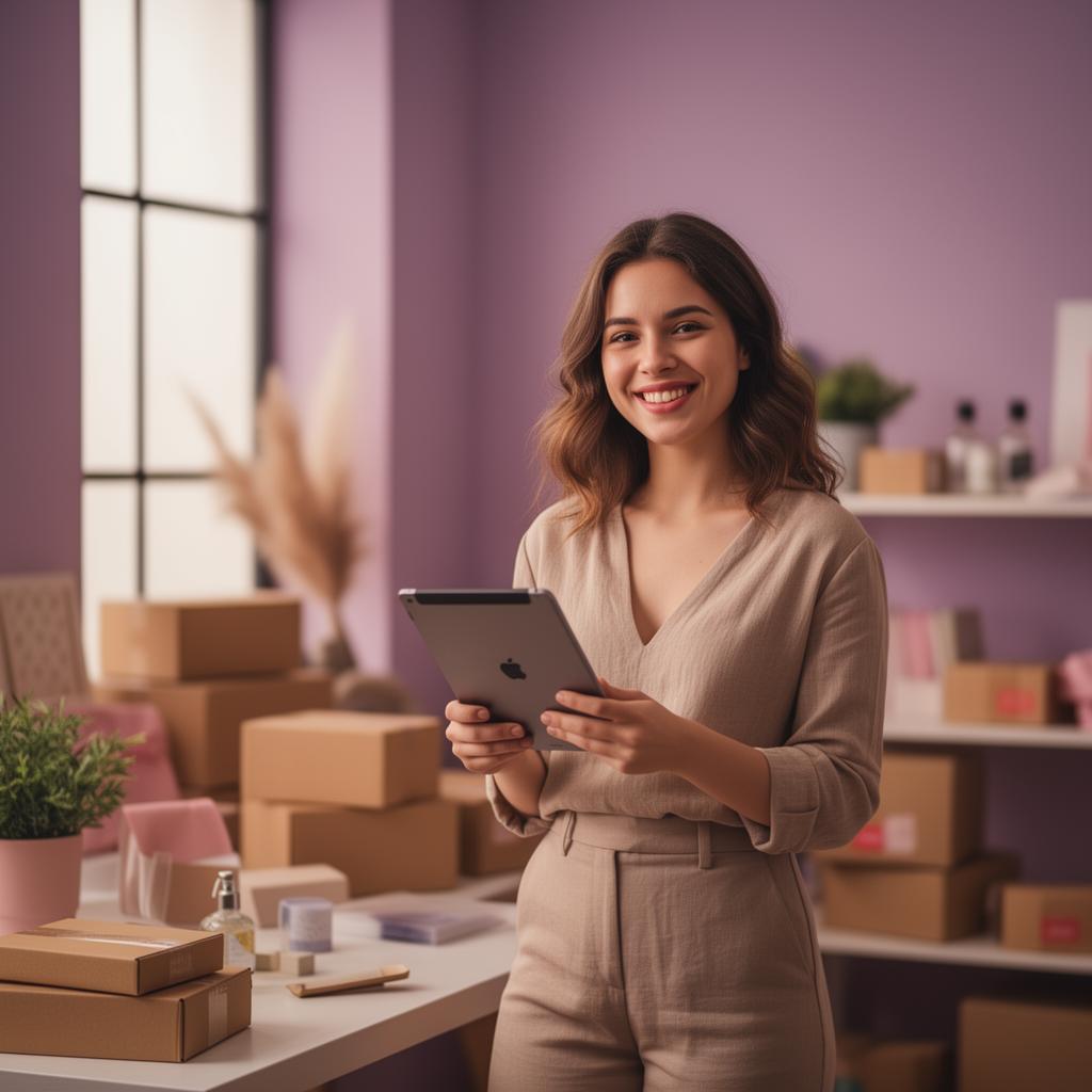 Zufriedene Online-Shop-Betreiberin in modernem E-Commerce-Studio