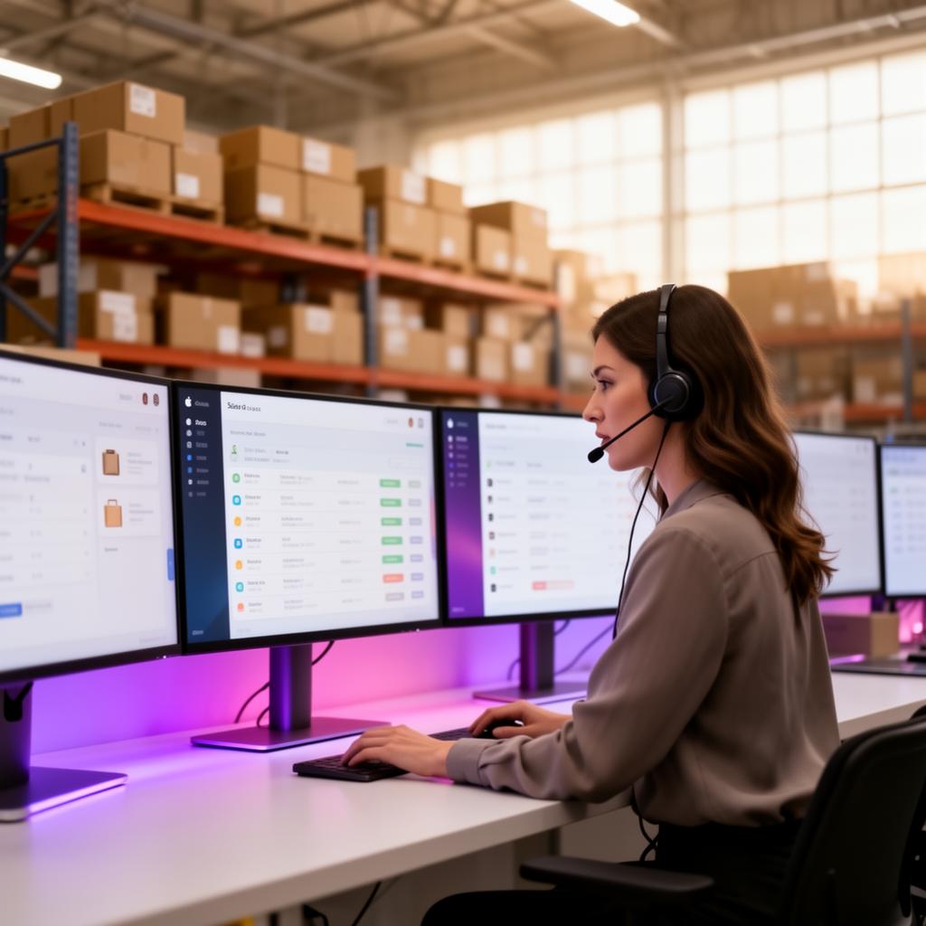 Modernes E-Commerce-Versandzentrum mit KI-gestütztem Kundenservice und Bestellstatus-Dashboard