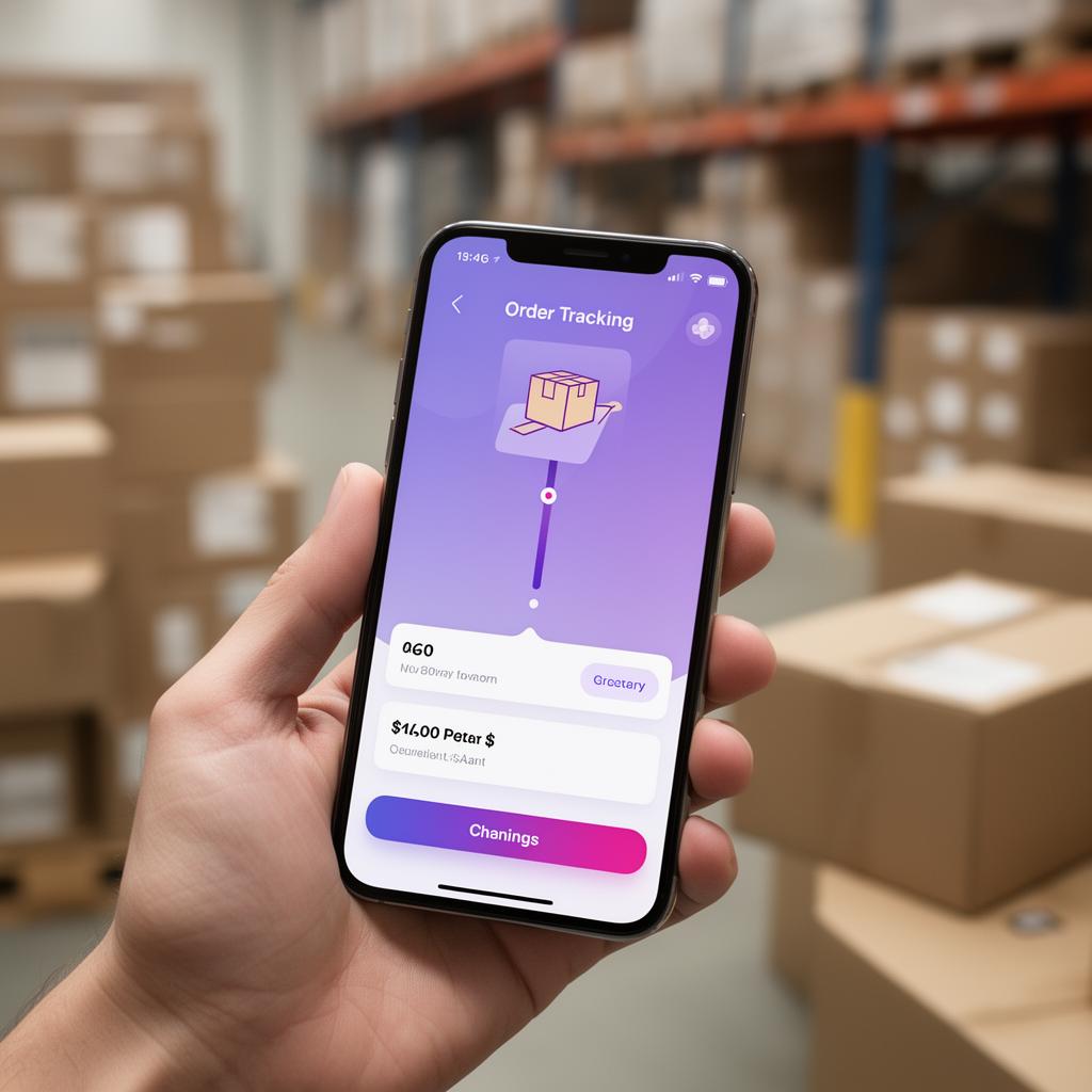 Smartphone zeigt Bestellstatus mit Sendungsverfolgung im E-Commerce-Versandlager