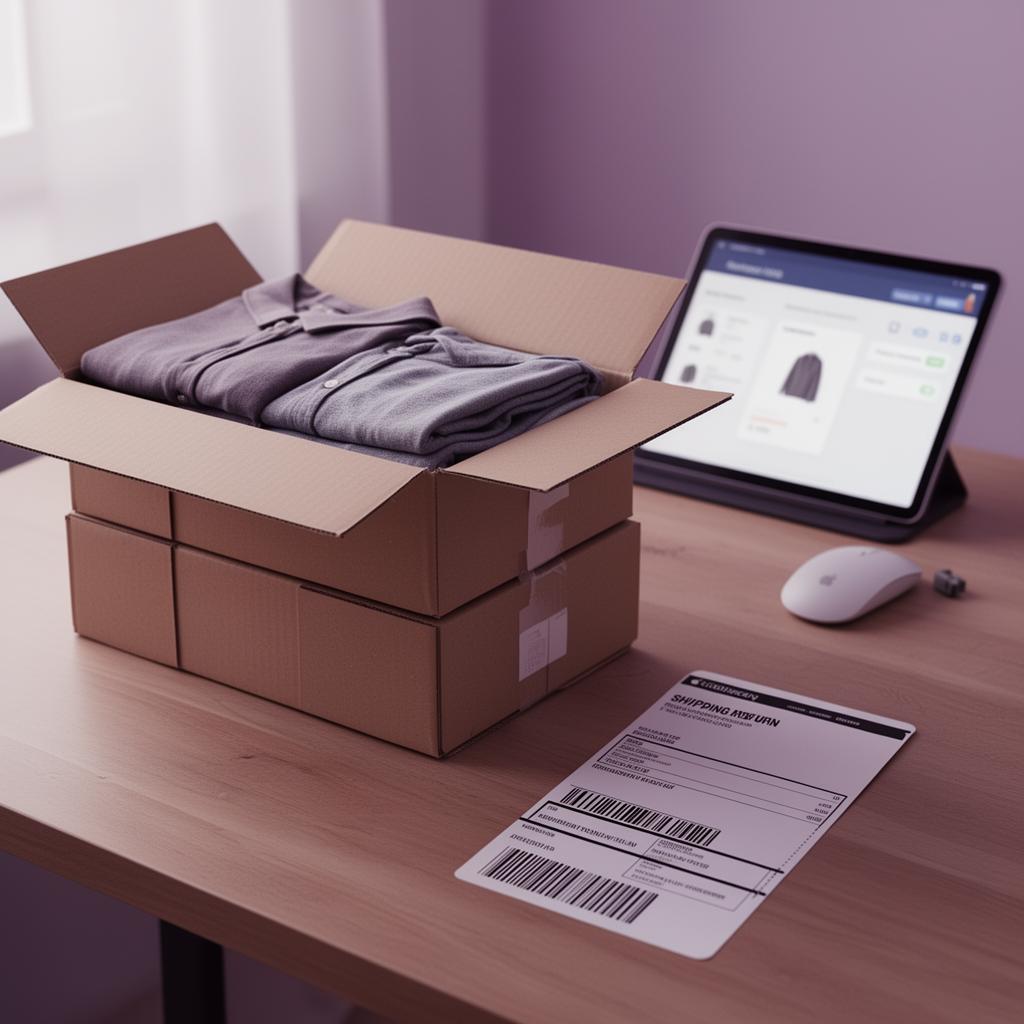 Retourenpaket mit Versandlabel und Tablet mit Retouren-Management-Dashboard